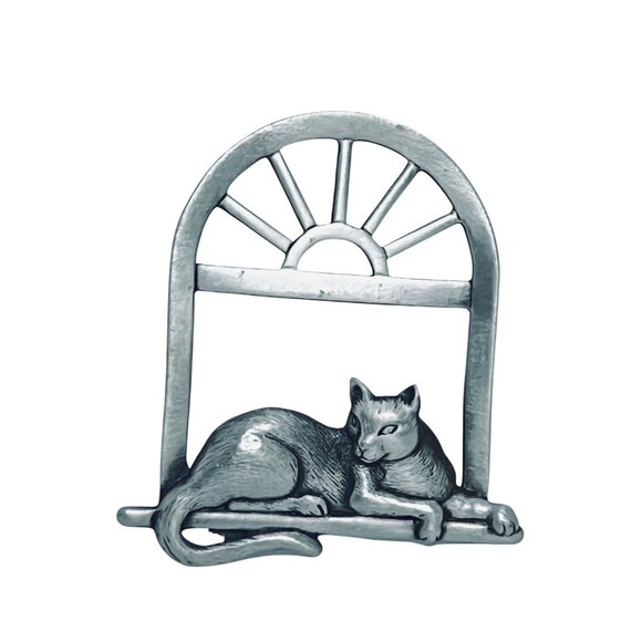 Jonette Jewelry Pewter Cat In A Window Brooch Signed JJ (5557) - Picture 1 of 3